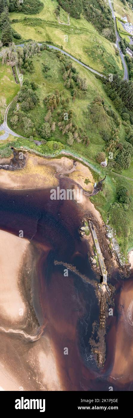 Aerial of the mouth of the Fintragh river at Fintra beach by Killybegs, County Donegal, Ireland. Stock Photo