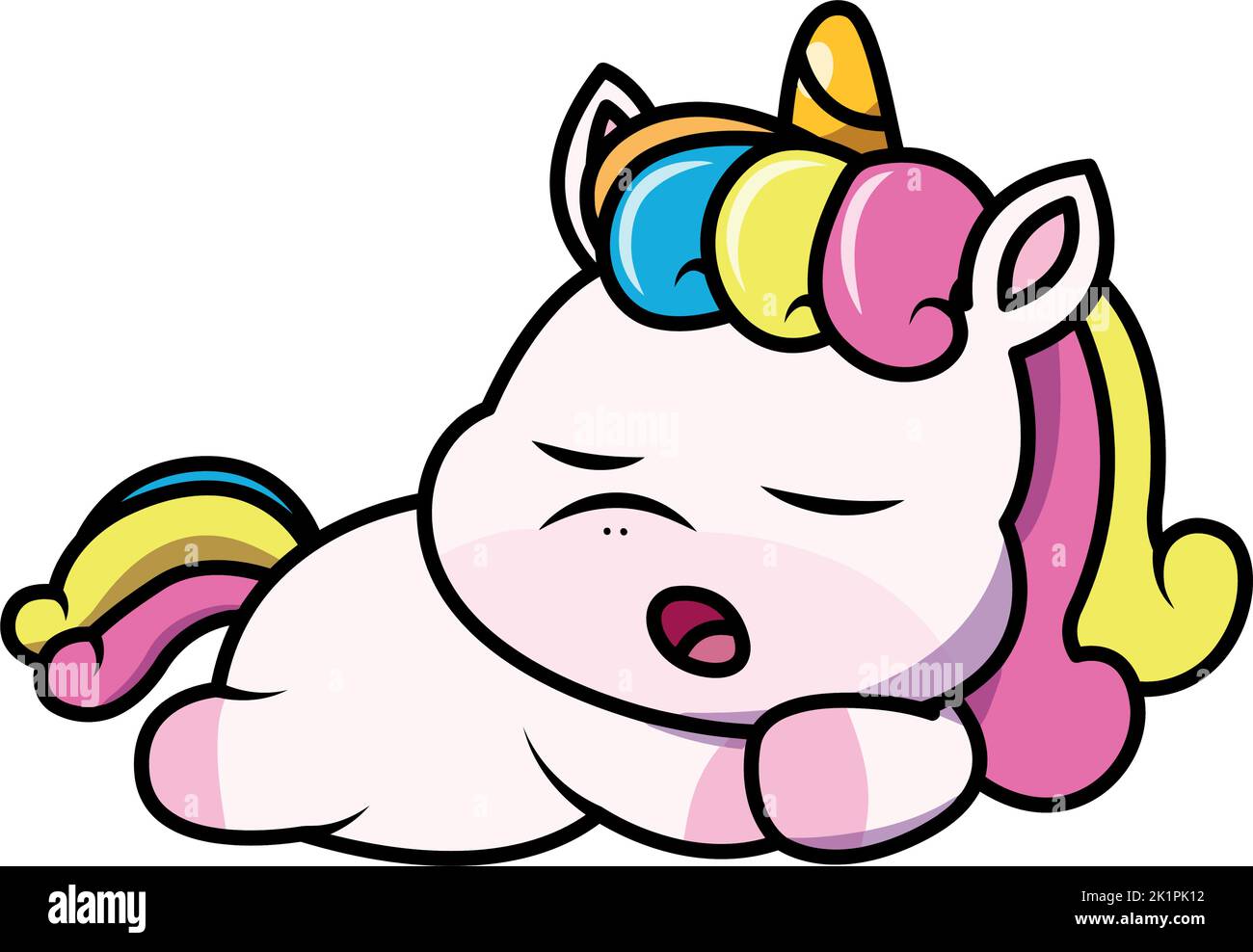 An adorable digital illustration of a cute rainbow unicorn sleeping and