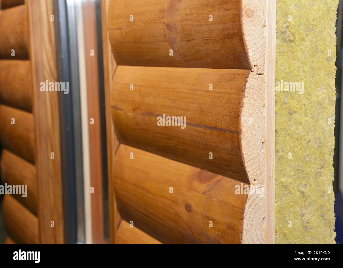 Wooden house facade wall with mineral wool, rock wool insulation. House