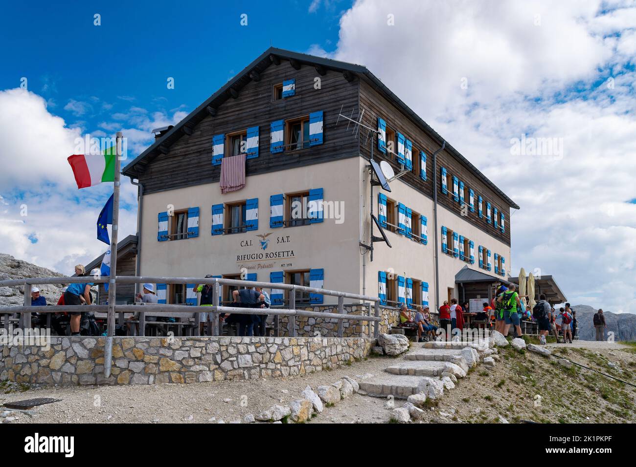 The Rifugio Rosetta in Pale di San Martino, Dolomites, Italy Stock Photo