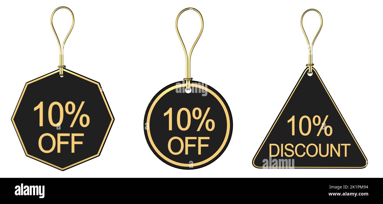 Set of 3 10% off 10% discount sale tags price tickets swing ticket and tags with 10% off or discount Stock Photo