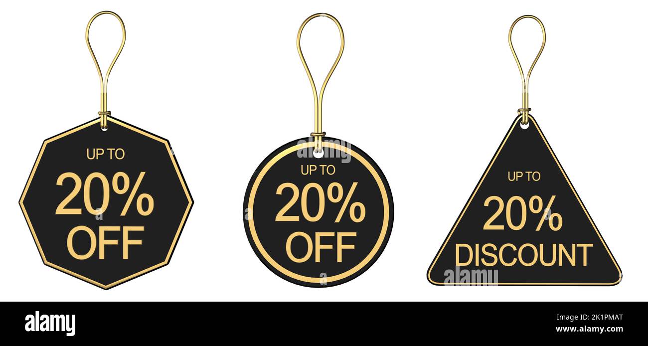 Set of 3 20% off 20% discount sale tags price tickets swing ticket and tags with 20% off or discount Stock Photo