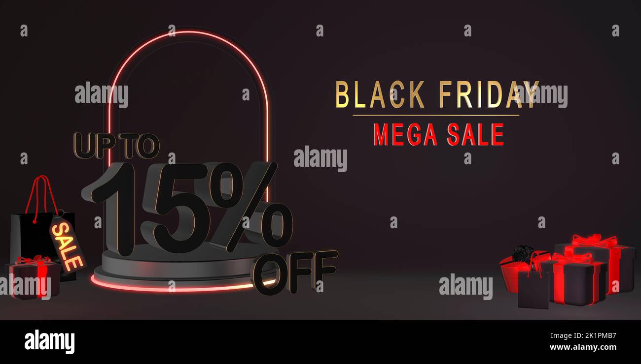 black friday sales banner backgrounds black friday mega super sale banners background with 15% off discount text sale sign Stock Photo