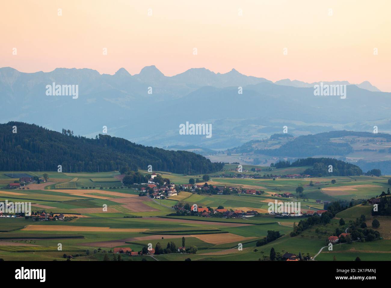 summer view over Schlosswil and Gantrisch ridge in Bern Stock Photo