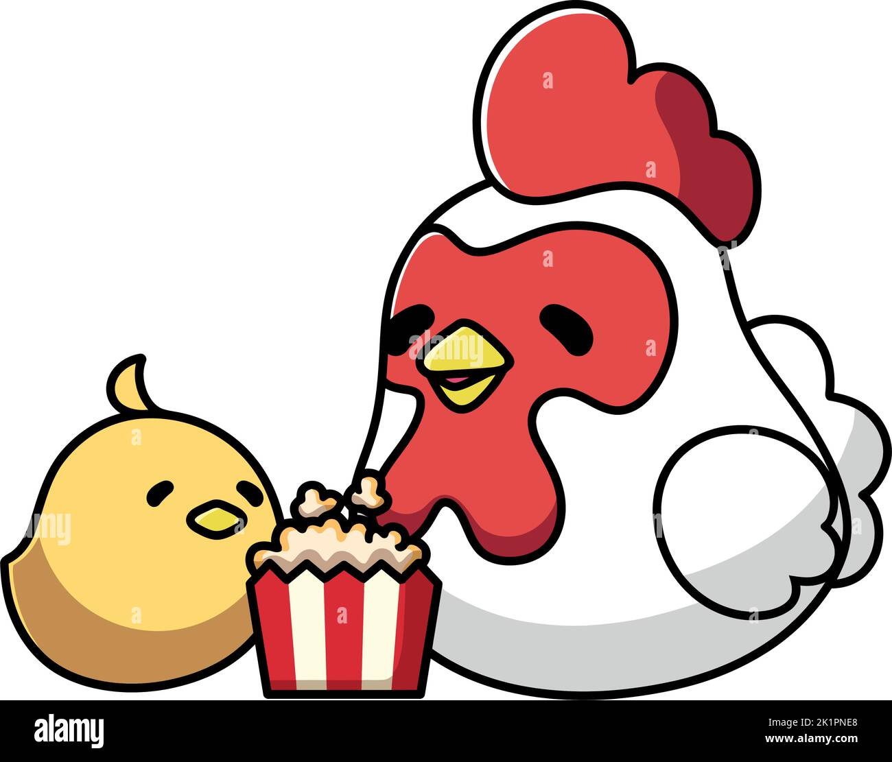A Cute cartoon sticker of a hen and its baby eating popcorn isolated on a white background Stock Vector