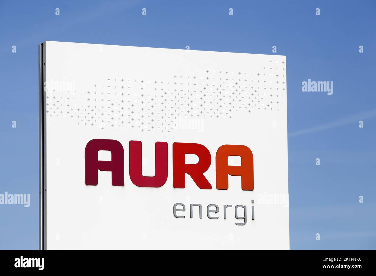 Odder, Denmark - October 22, 2021: Aura Energi provides electricity, energy, fiber, televisions and home appliances in Denmark Stock Photo