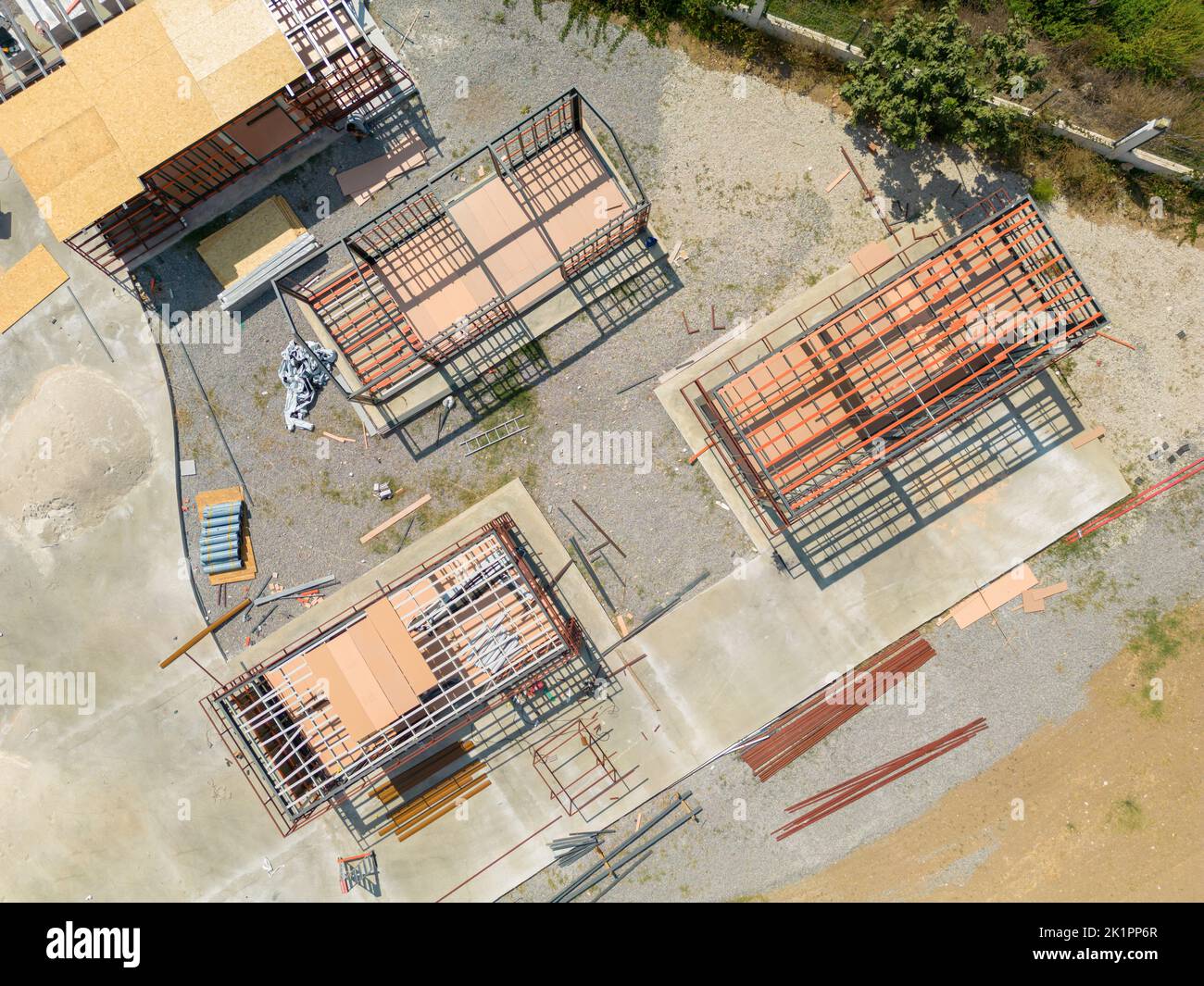 Aerial photo top to down view of tiny houses built with metal profile Stock Photo
