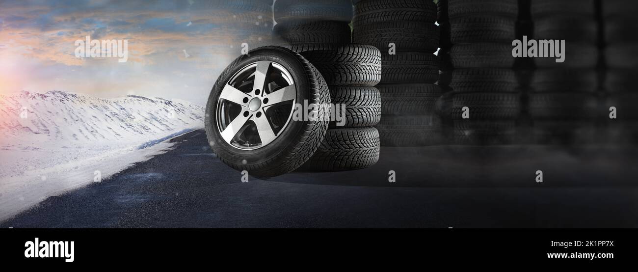 Car tires winter tires snow warehouse sale Stock Photo Alamy