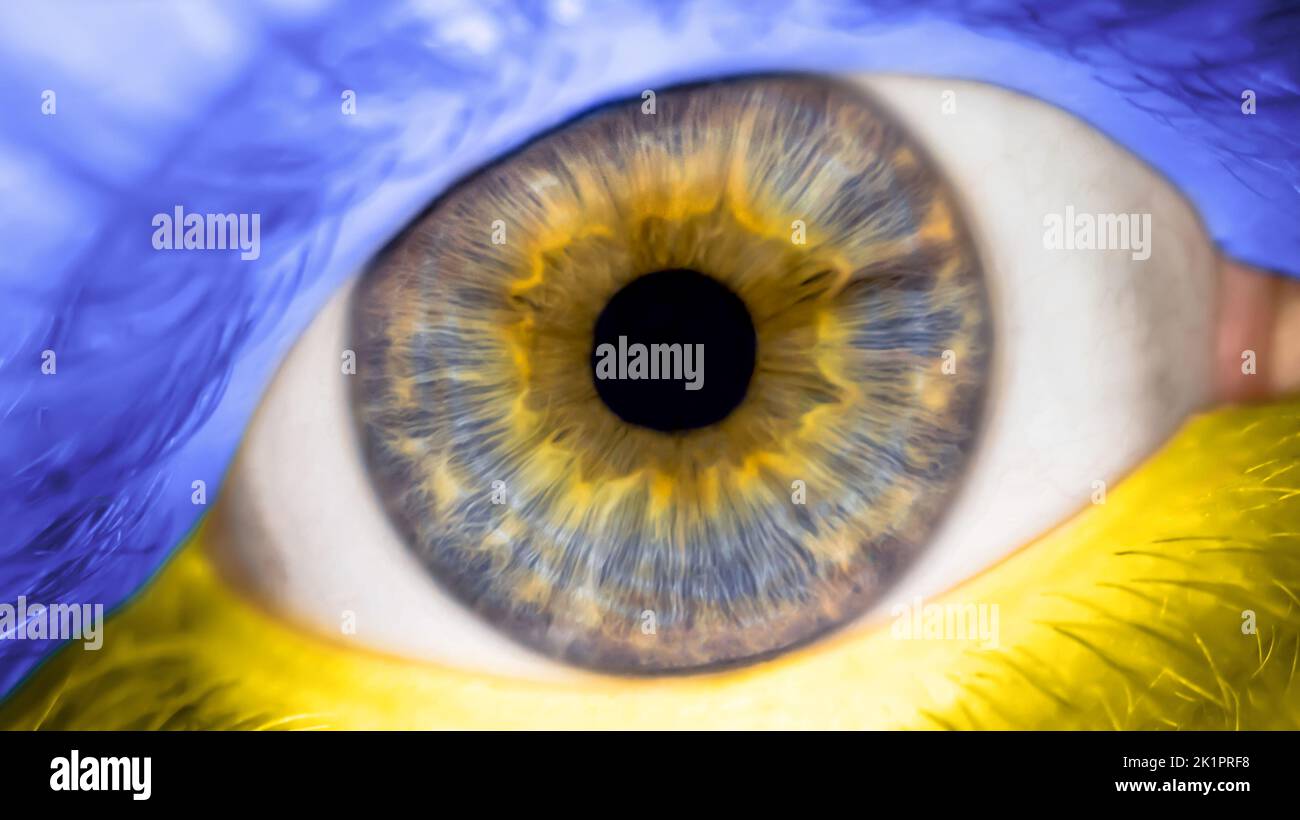 Portrait of a man with the color of the eyes of the flag of Ukraine. Close-up of male eye with a Ukrainian banner. National symbol of freedom and inde Stock Photo