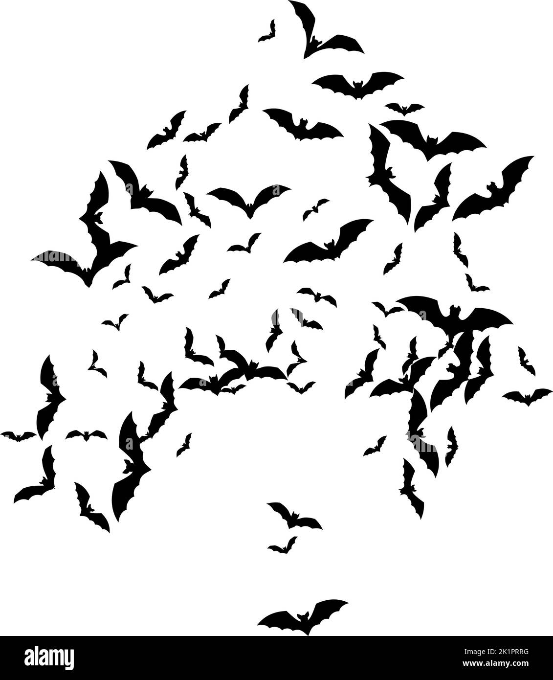 Bat swarm. Flying bat silhouette. Halloween Decoration element. Stock Vector