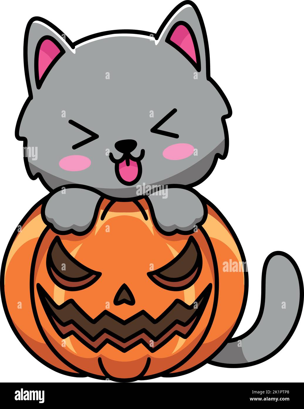 A vector illustration of a cute cartoon cat with a pumpkin isolated on ...