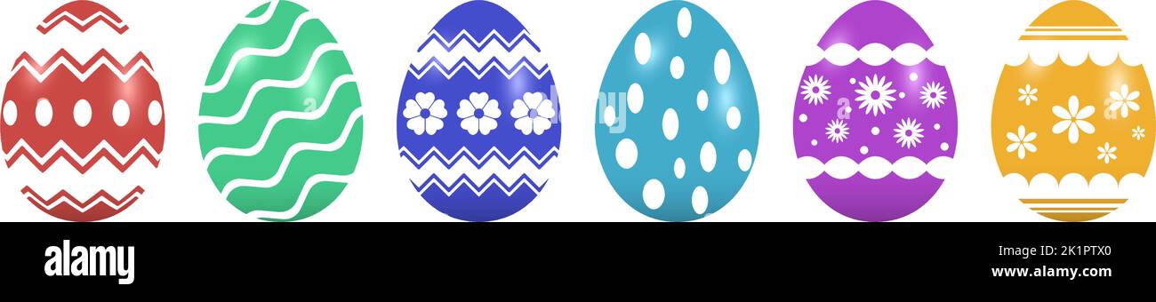 Easter Egg vector set. Colored eggs with different pattern on white isolated background. Six Easter eggs in red, green, blue, cyan, magenta, yellow. Stock Vector