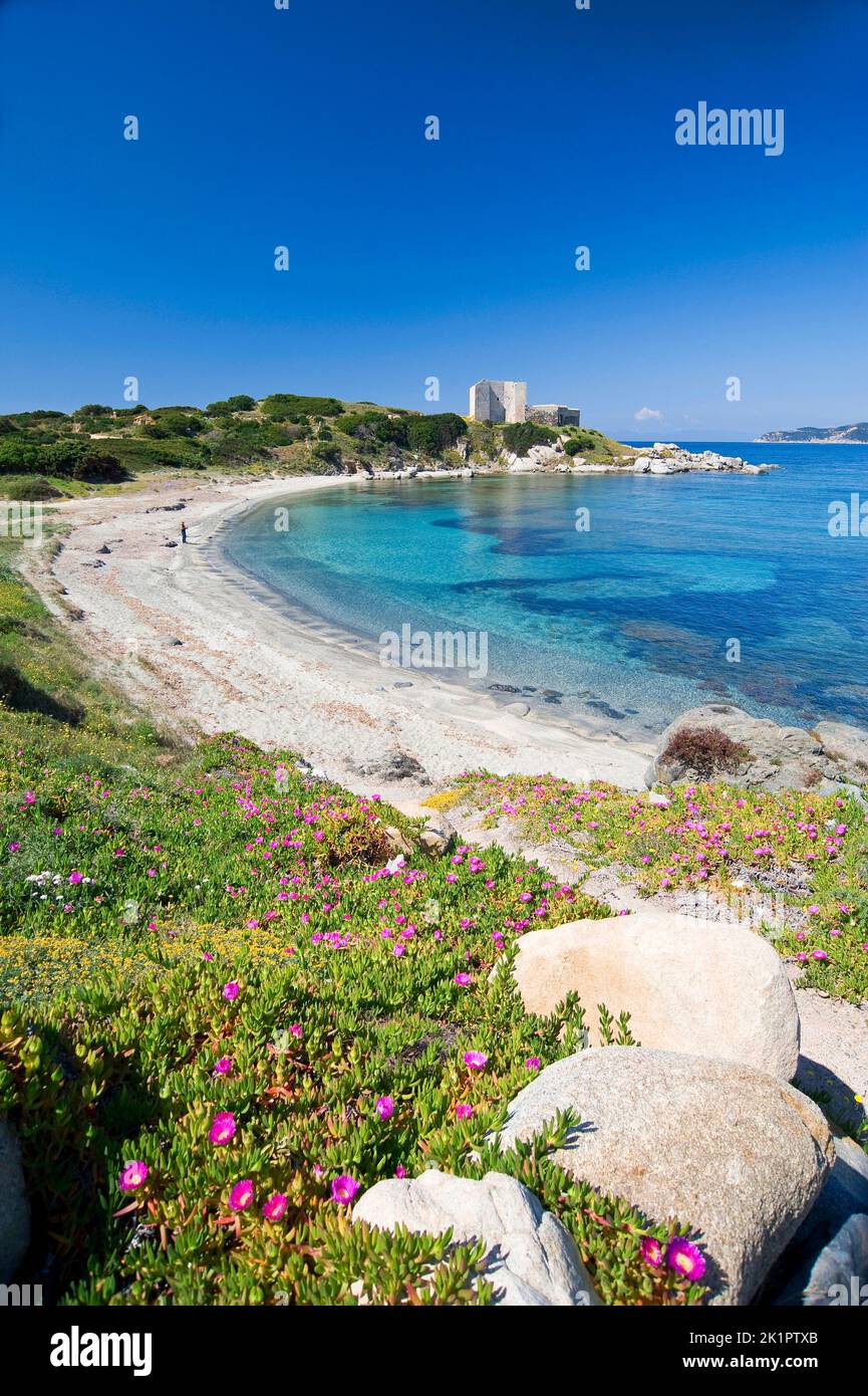 Fortezza vecchia, harbor's beach, Villasimius, south Sardinia, Italy, Europe Stock Photo