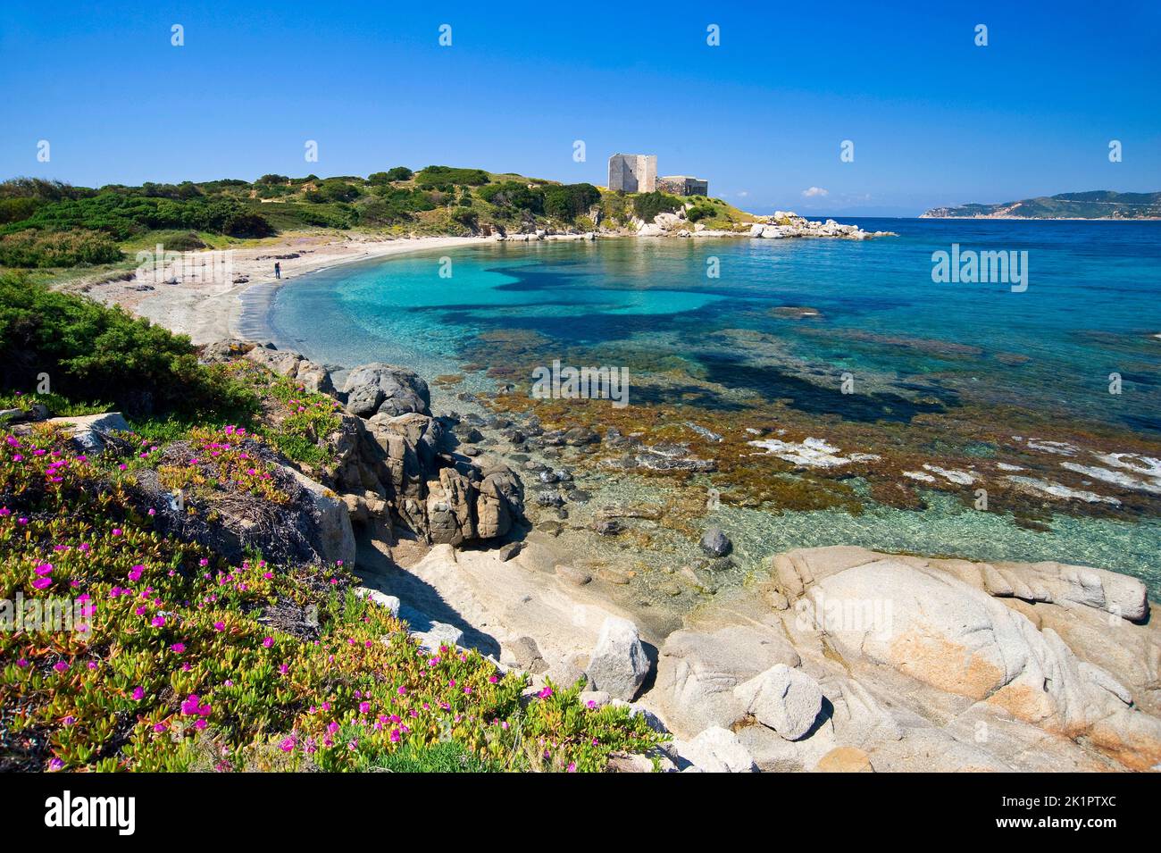Fortezza vecchia, harbor's beach, Villasimius, south Sardinia, Italy, Europe Stock Photo