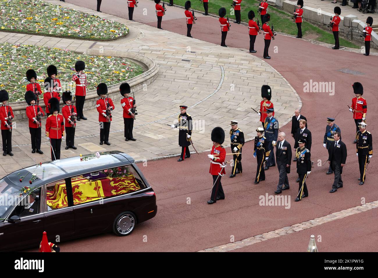 Members Of The Royal Family Walk Behind The State Hearse Carrying The ...