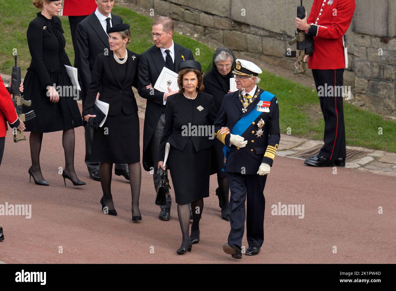 Sweden's King Carl Gustav and Queen Silvia arrive ahead of the Committal Service of Queen Elizabeth II at St George's Chapel at Windsor Castle in Berkshire. Picture date: Monday September 19, 2022. Stock Photo