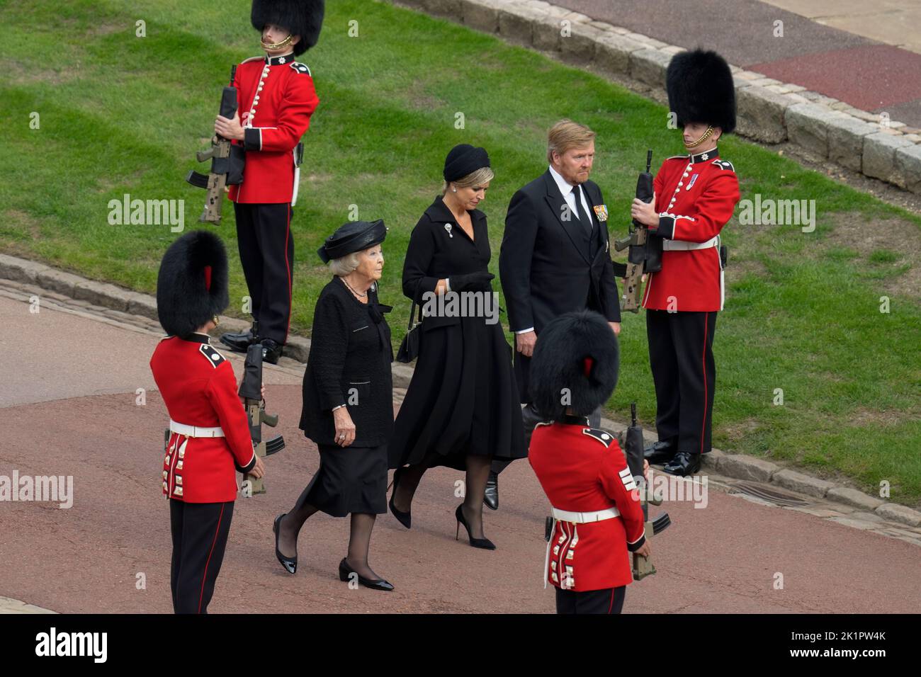 Netherland's King Willem-Alexander, Queen Maxima, and Princess Beatrix (left) arrive ahead of the Committal Service of Queen Elizabeth II at St George's Chapel at Windsor Castle in Berkshire. Picture date: Monday September 19, 2022. Stock Photo