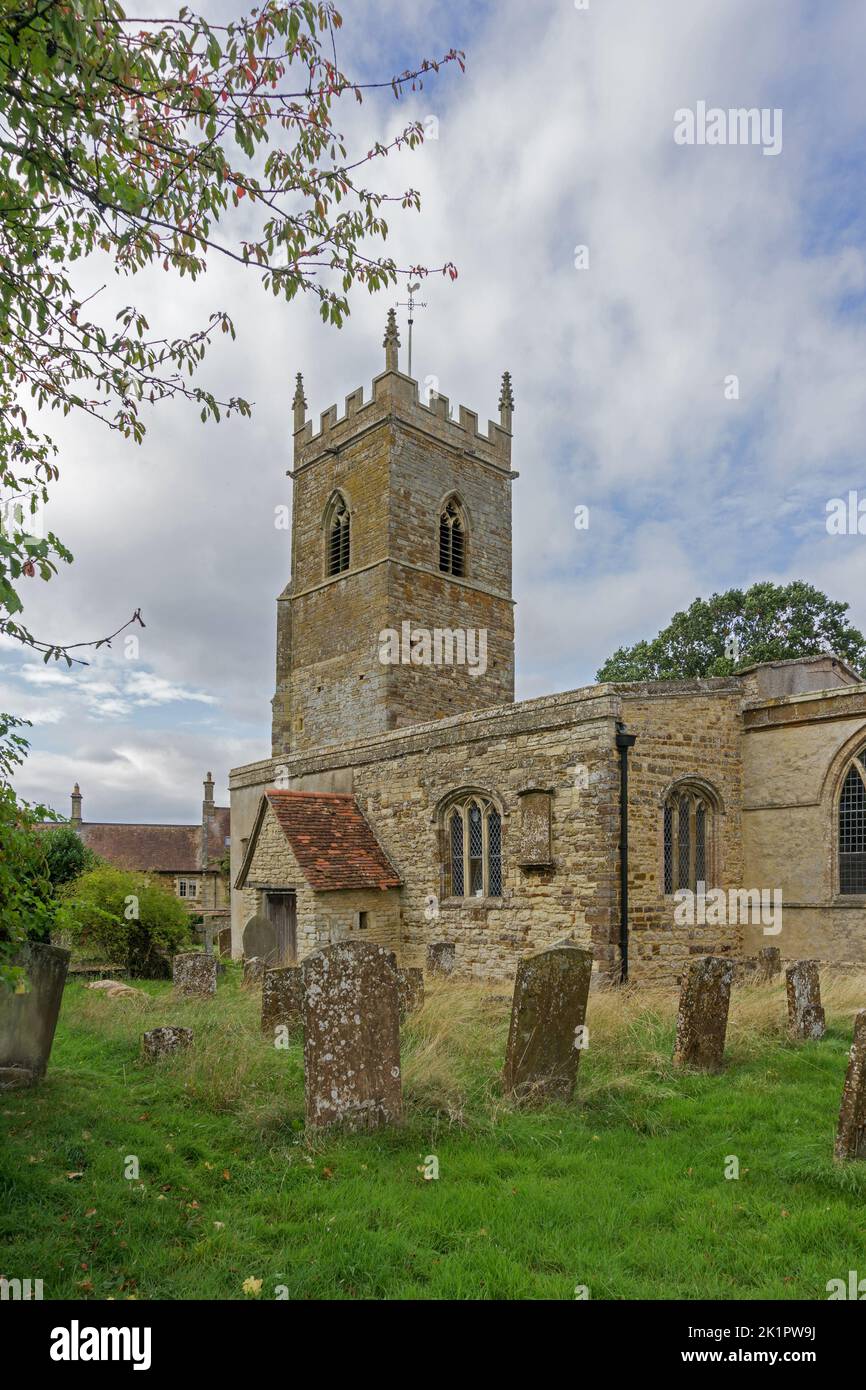 Exterior of the church of St Mary in the village of Wappenham, Northamptonshire, UK; earliest parts date from 13th century. Stock Photo