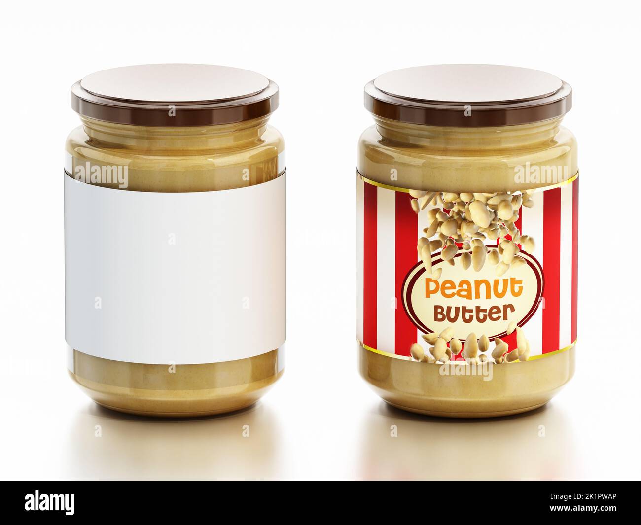 Peanut butter jars with white and product labels isolated on white background. 3D illustration. Stock Photo