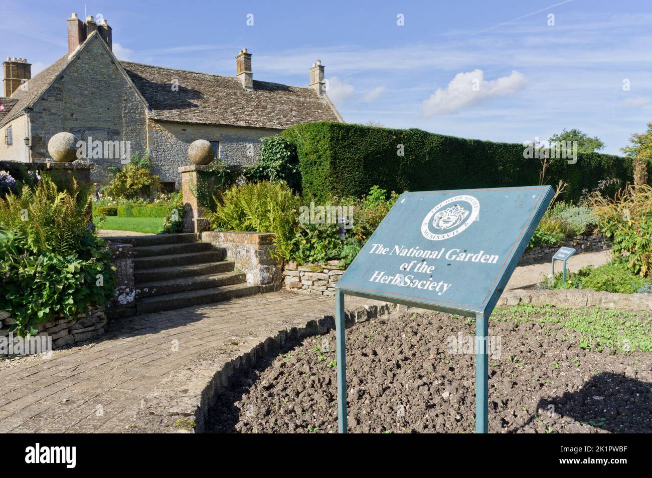 Signage for the National Garden of the Herb Society situated in the grounds of Sulgrave Manor, Northamptonshire, UK Stock Photo