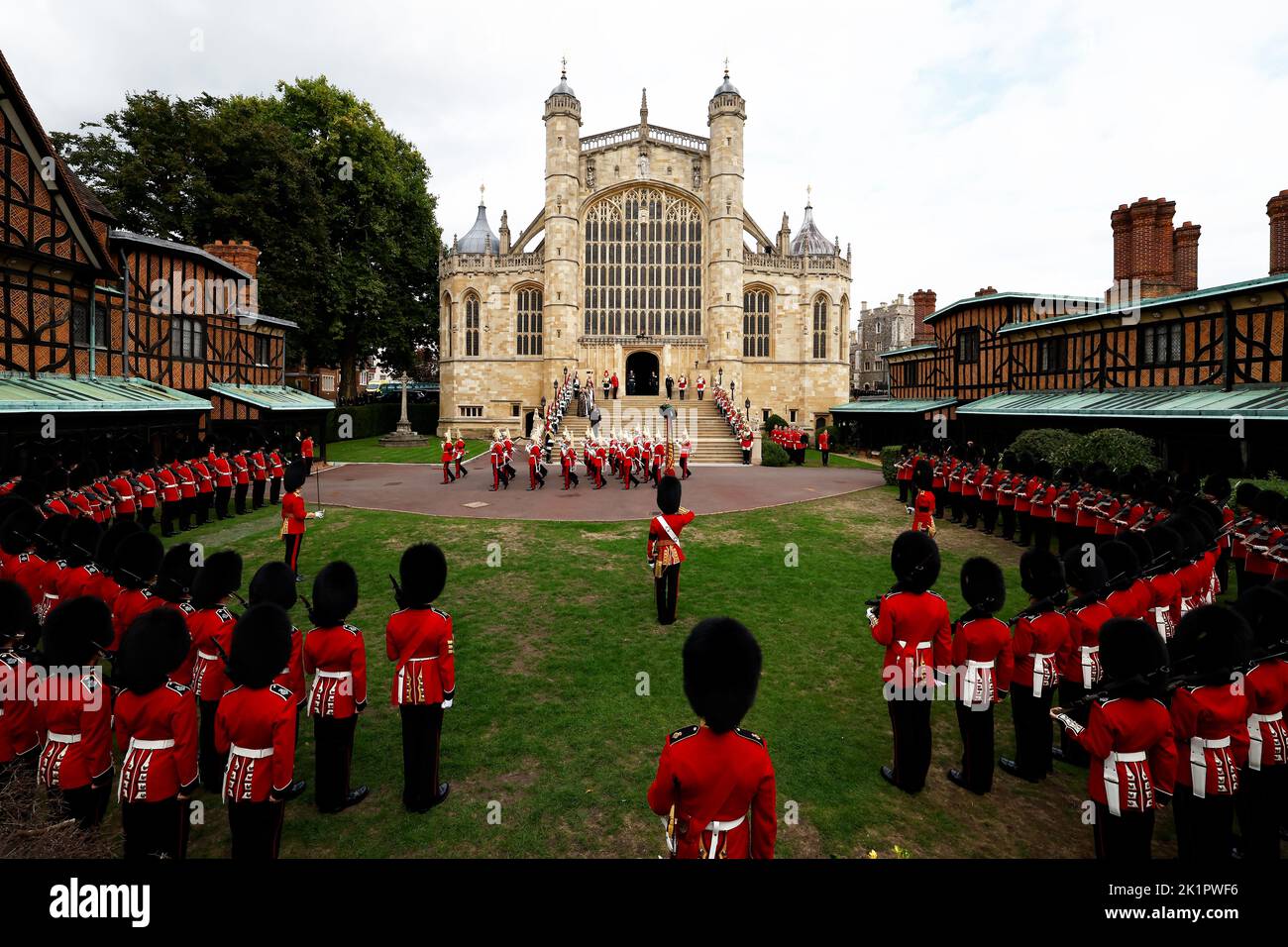 A general view of Royal Guards at Windsor Castle during the the Committal Service of Queen Elizabeth II in to St George's Chapel, following the state funeral at Westminster Abbey. Picture date: Monday September 19, 2022. Stock Photo