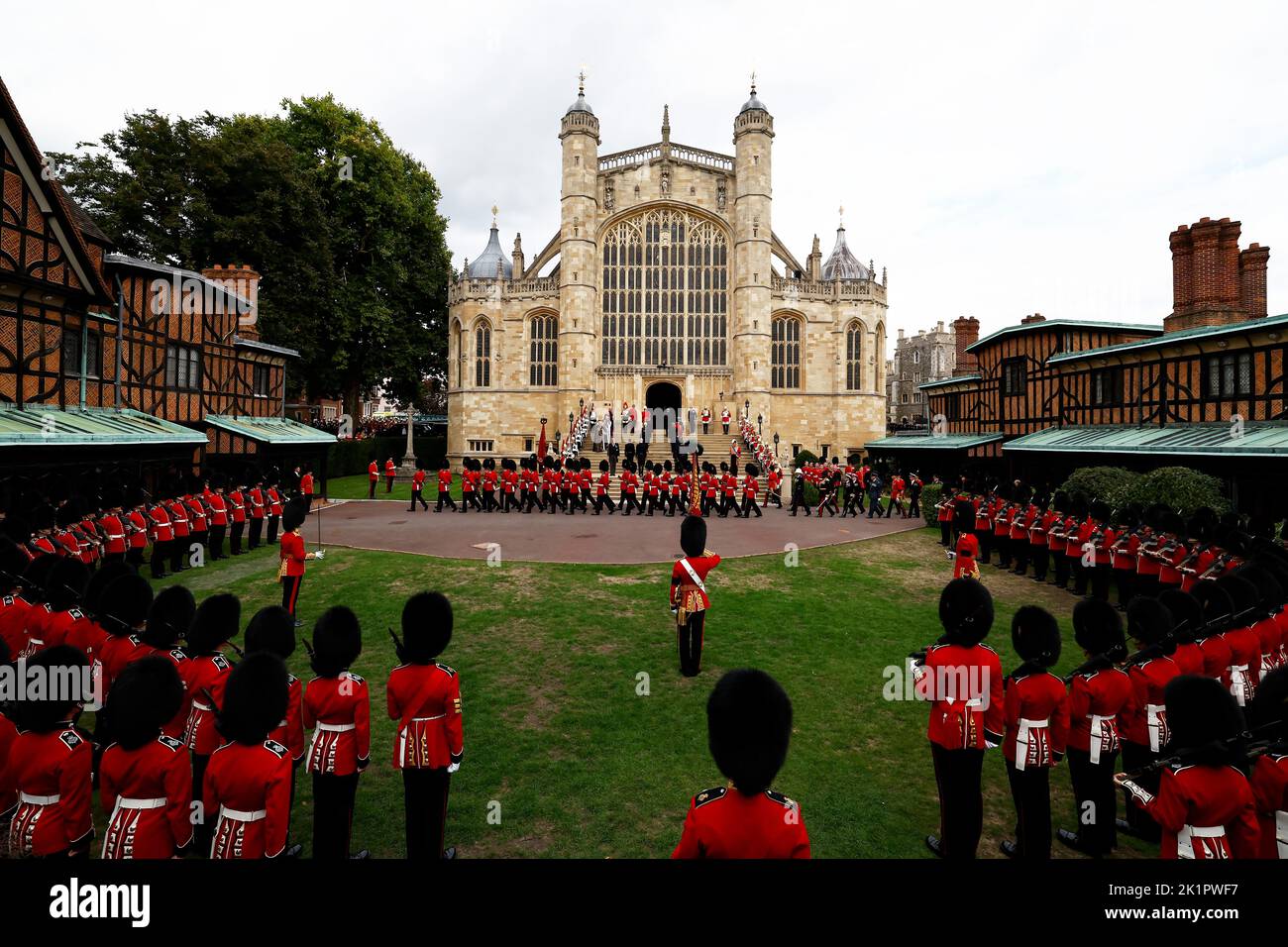 A general view of Royal Guards at Windsor Castle during the the Committal Service of Queen Elizabeth II in to St George's Chapel, following the state funeral at Westminster Abbey. Picture date: Monday September 19, 2022. Stock Photo