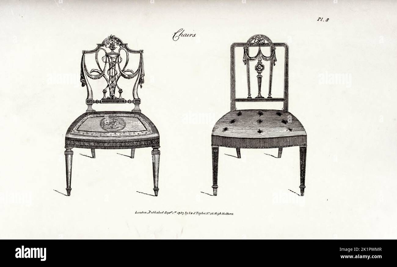 Upholstered Mahogany Chairs from the book  The cabinet maker and upholsterer's guide; or, Repository of designs for every article of household furniture by A. Hepplewhite and Co Publication date 1897 Stock Photo