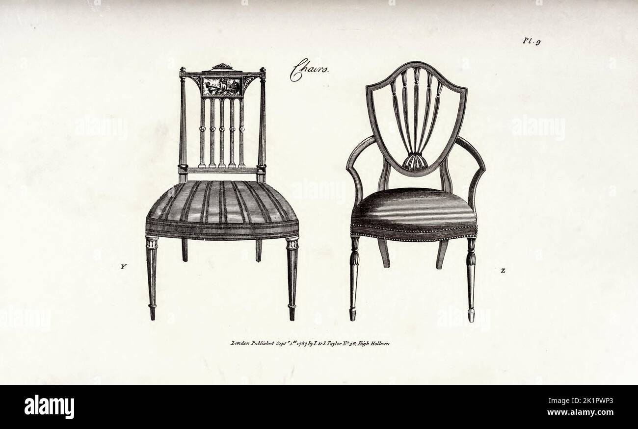 Upholstered Mahogany Chairs from the book  The cabinet maker and upholsterer's guide; or, Repository of designs for every article of household furniture by A. Hepplewhite and Co Publication date 1897 Stock Photo