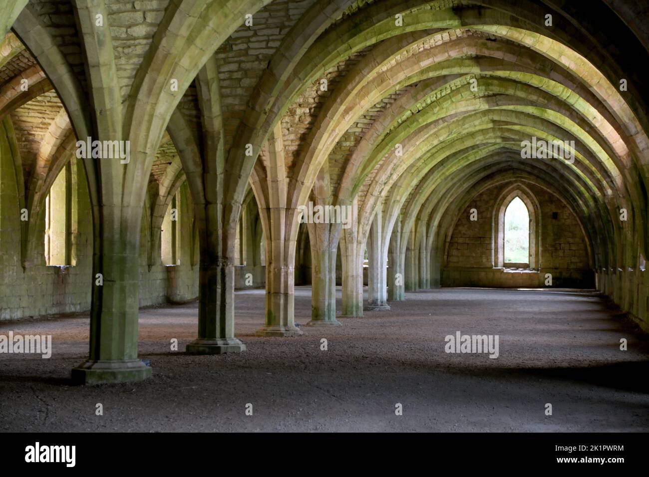 The vaulted cellarium (larder) of Fountains Abbey, in North Yorkshire, England, UK. Stock Photo