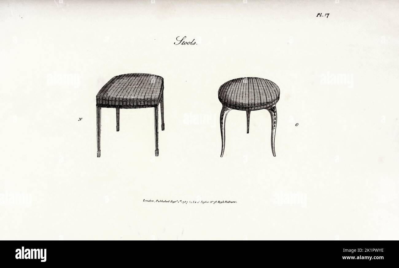 Stools from the book  The cabinet maker and upholsterer's guide; or, Repository of designs for every article of household furniture by A. Hepplewhite and Co Publication date 1897 Stock Photo