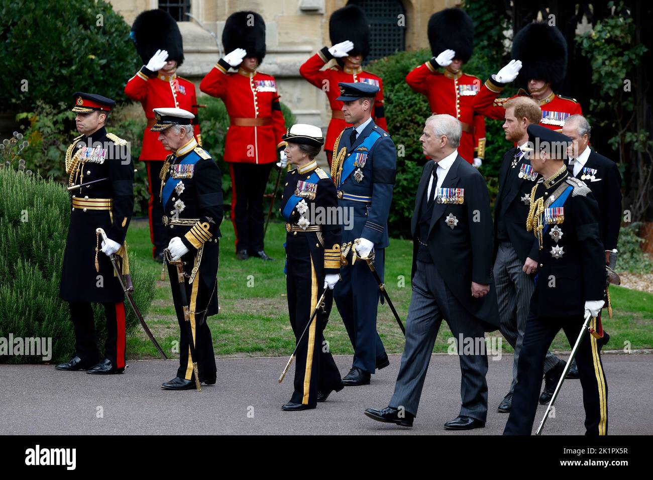 King Charles III, the Princess Royal, the Prince of Wales, Prince, the Duke of York, the Earl of Wessex, the Duke of Kent, Prince and the Duke of Sussex arrive at the Committal Service for Queen Elizabeth II held at St George's Chapel in Windsor Castle, Berkshire. Picture date: Monday September 19, 2022. Stock Photo