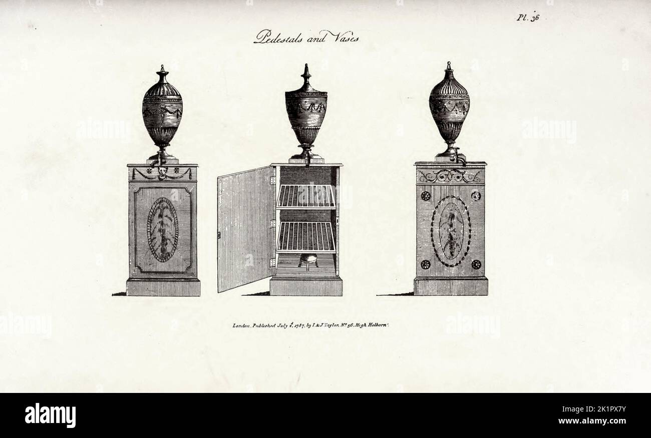 Pedestals and vases from the book  The cabinet maker and upholsterer's guide; or, Repository of designs for every article of household furniture by A. Hepplewhite and Co Publication date 1897 Stock Photo