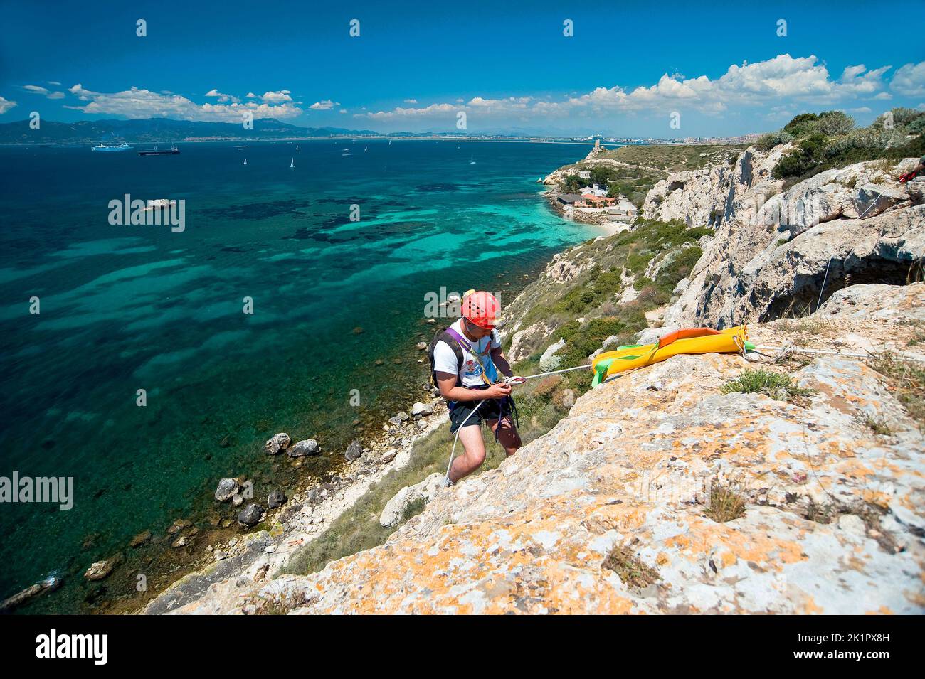 Capo Sant'Elia, Calamosca, Climbing, Cagliari, Sardinia, Italy, Europe Stock Photo