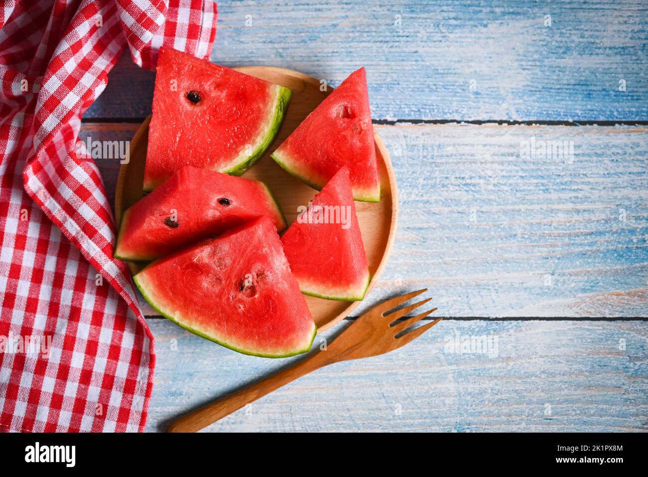 Sweet watermelon slices pieces fresh watermelon tropical summer fruit, Watermelon slice on table background - top view Stock Photo
