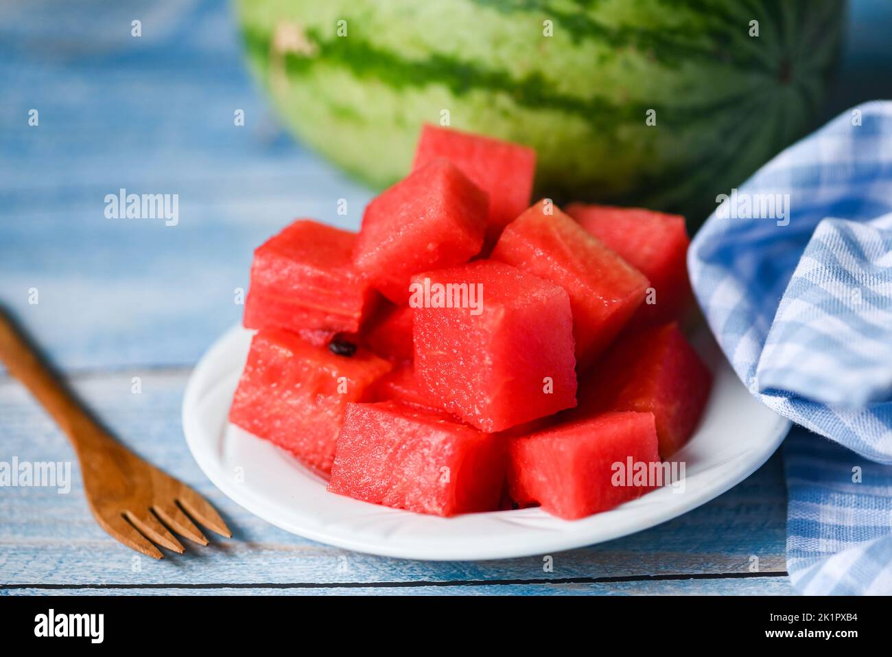 Red watermelon slice on white plate, sweet watermelon slices pieces fresh watermelon tropical summer fruit Stock Photo
