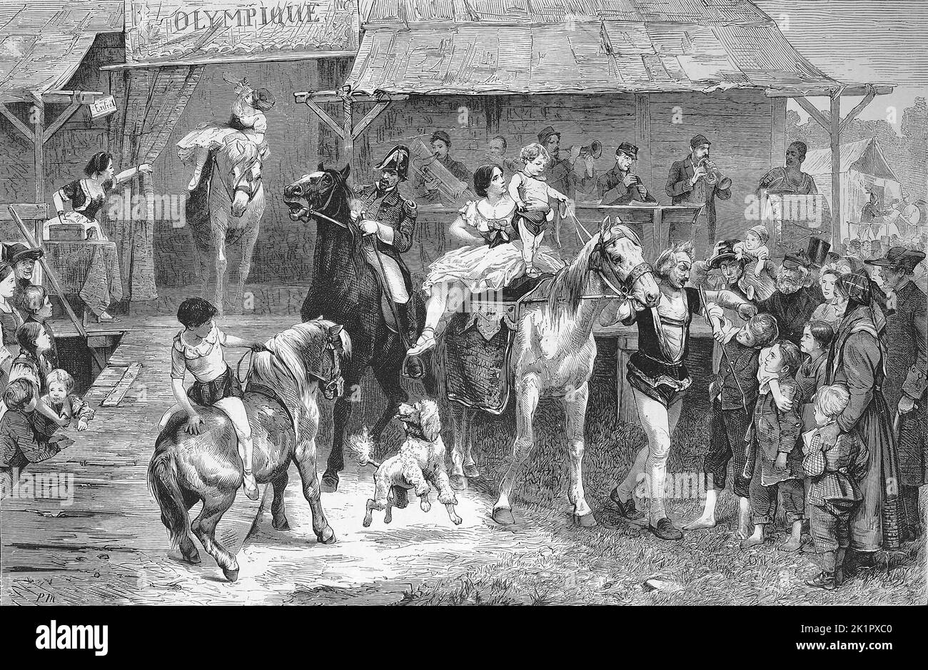 Parade vor dem Zirkus, Pferde und Akrobaten belustigen Kinder und Erwachsene, 1869, Paris, Frankreich  /  Parade in front of circus, horses and acrobats amuse children and adults, 1869, Paris, France, Historisch, digital restaurierte Reproduktion einer Originalvorlage aus dem 19. Jahrhundert, genaues Originaldatum nicht bekannt  /  historical, digital improved reproduction of an original from the 19th century Stock Photo