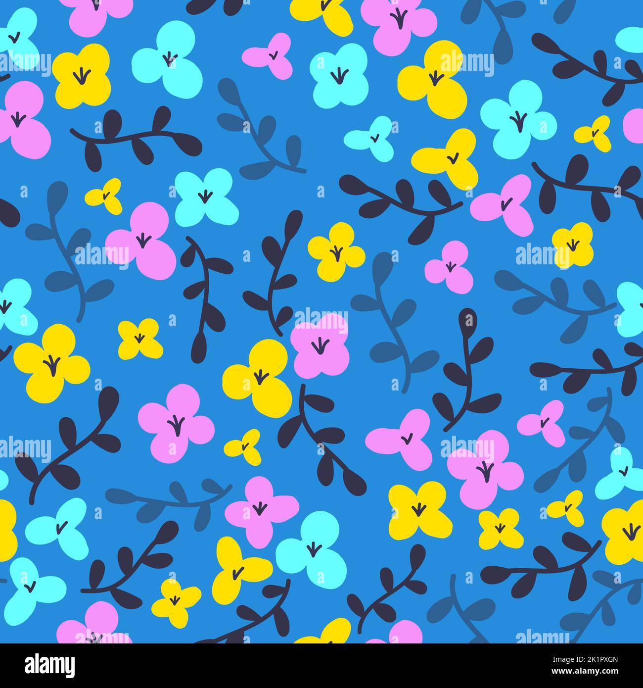 Floral seamless pattern in flat cartoon style. Vector illustration Stock Vector