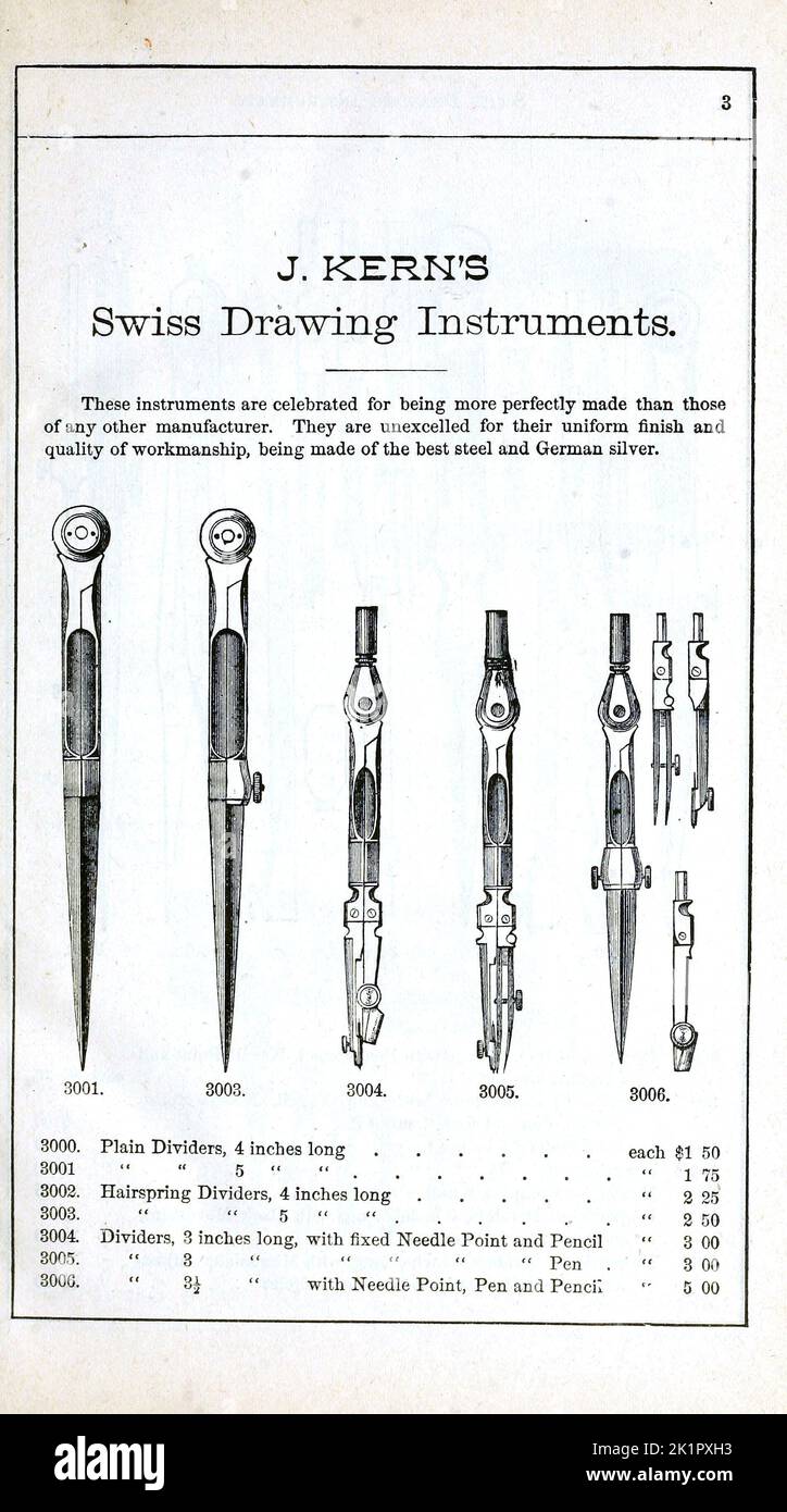 Swiss Drawing Instruments  from the Catalogue of mathematical instruments, drawing paper, Surveying instruments, Levels, paints and Drawing Material by McAllister, F. W., Baltimore. [from old catalog] Publication Date 1890 Stock Photo