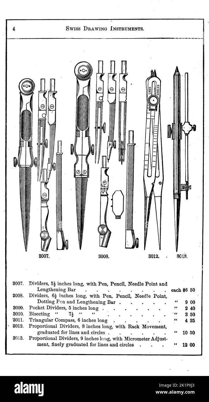Swiss Drawing Instruments  from the Catalogue of mathematical instruments, drawing paper, Surveying instruments, Levels, paints and Drawing Material by McAllister, F. W., Baltimore. [from old catalog] Publication Date 1890 Stock Photo