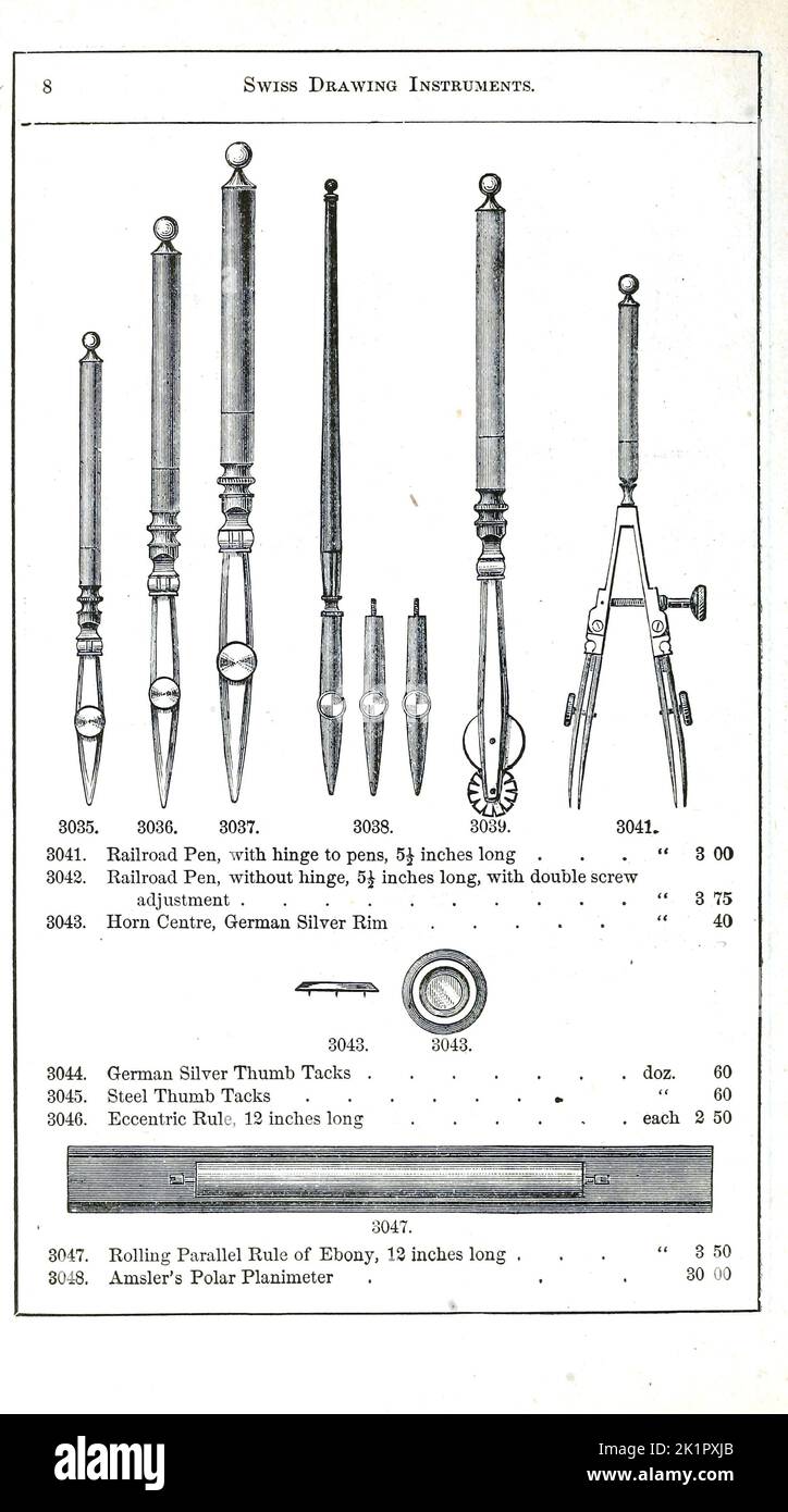 Swiss Drawing Instruments  from the Catalogue of mathematical instruments, drawing paper, Surveying instruments, Levels, paints and Drawing Material by McAllister, F. W., Baltimore. [from old catalog] Publication Date 1890 Stock Photo