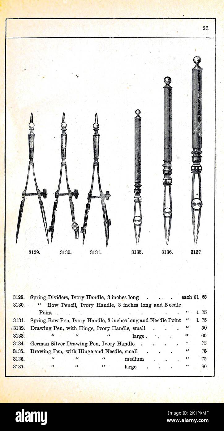 German Draughting Instruments Catalogue of mathematical instruments, drawing paper, Surveying instruments, Levels, paints and Drawing Material by McAllister, F. W., Baltimore. [from old catalog] Publication Date 1890 Stock Photo