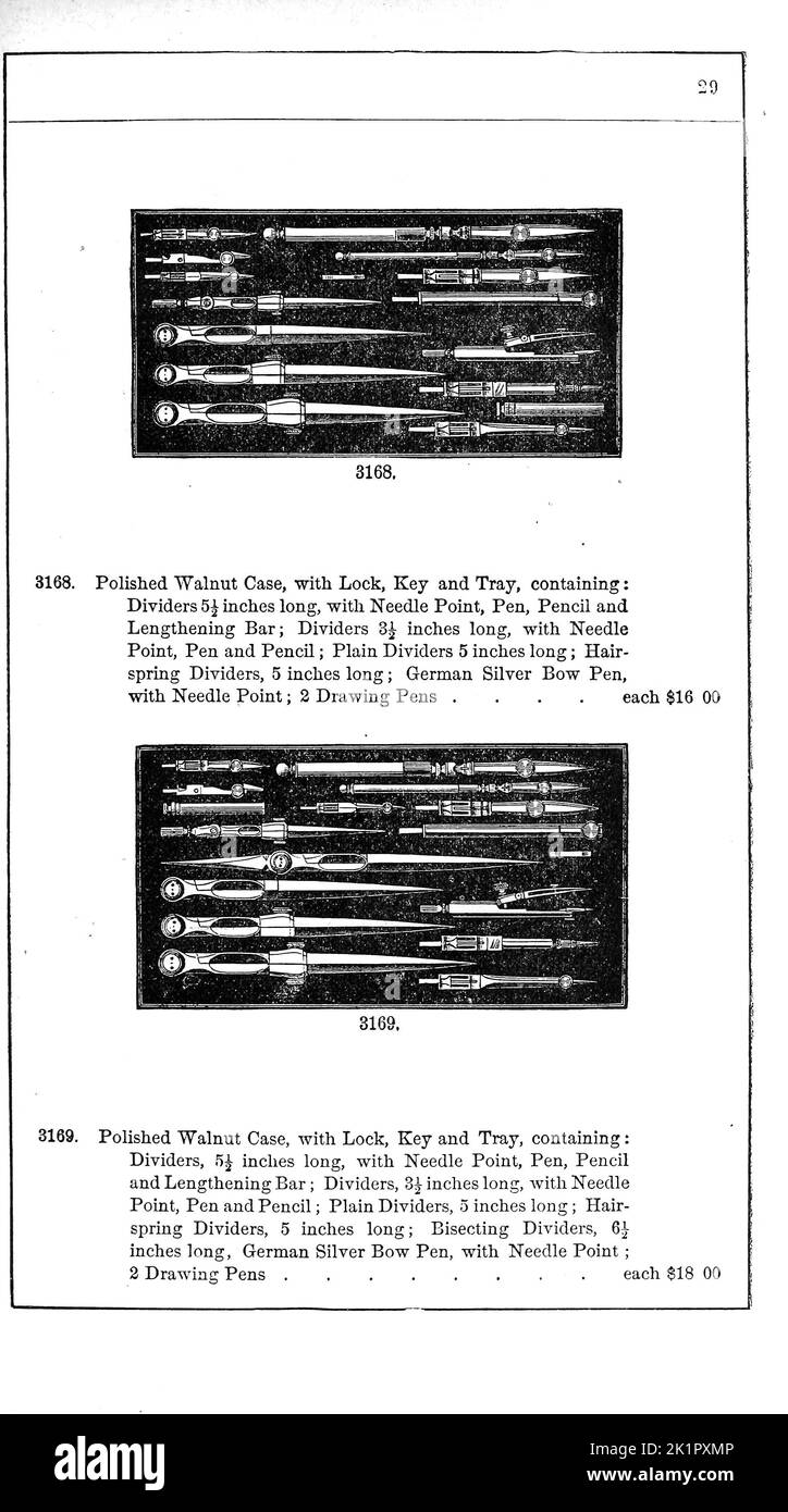 German Draughting Instruments Catalogue of mathematical instruments, drawing paper, Surveying instruments, Levels, paints and Drawing Material by McAllister, F. W., Baltimore. [from old catalog] Publication Date 1890 Stock Photo