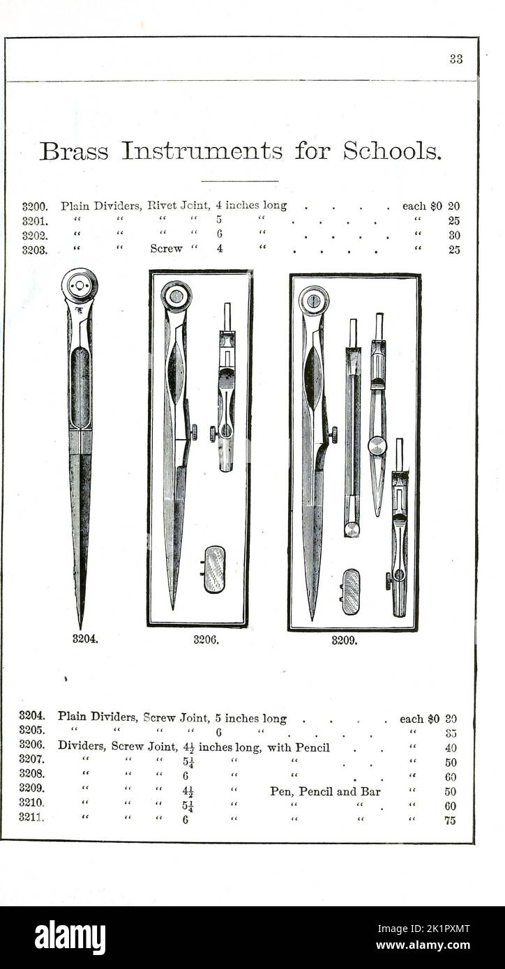 Catalogue of mathematical instruments, drawing paper, Surveying instruments, Levels, paints and Drawing Material by McAllister, F. W., Baltimore. [from old catalog] Publication Date 1890 Stock Photo