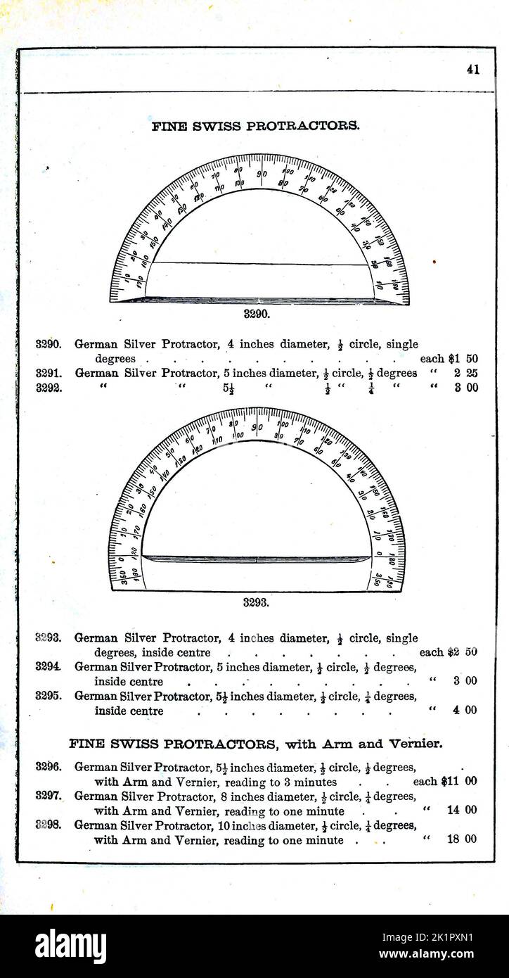 Fine Swiss Protractors (Drafting instrument used to draw or measure angles) Catalogue of mathematical instruments, drawing paper, Surveying instruments, Levels, paints and Drawing Material by McAllister, F. W., Baltimore. [from old catalog] Publication Date 1890 Stock Photo