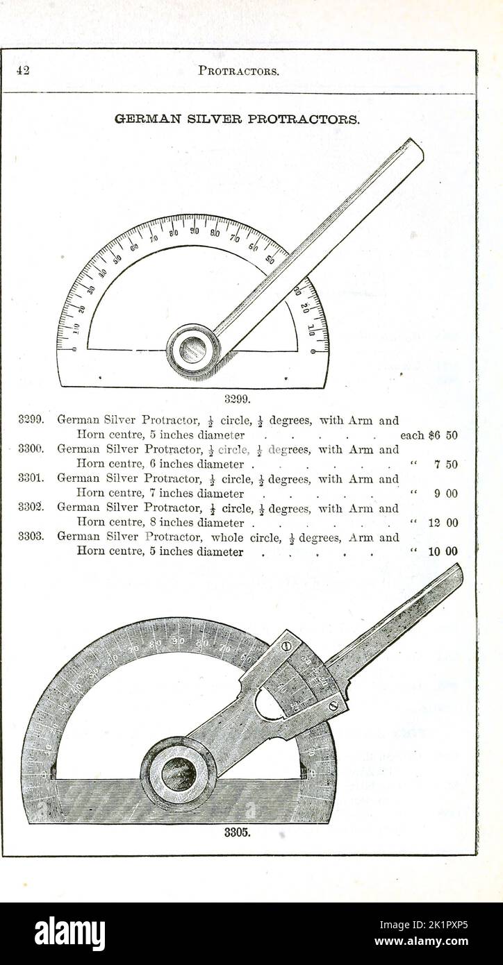 German Silver Protractors (Drafting instrument used to draw or measure angles) Catalogue of mathematical instruments, drawing paper, Surveying instruments, Levels, paints and Drawing Material by McAllister, F. W., Baltimore. [from old catalog] Publication Date 1890 Stock Photo