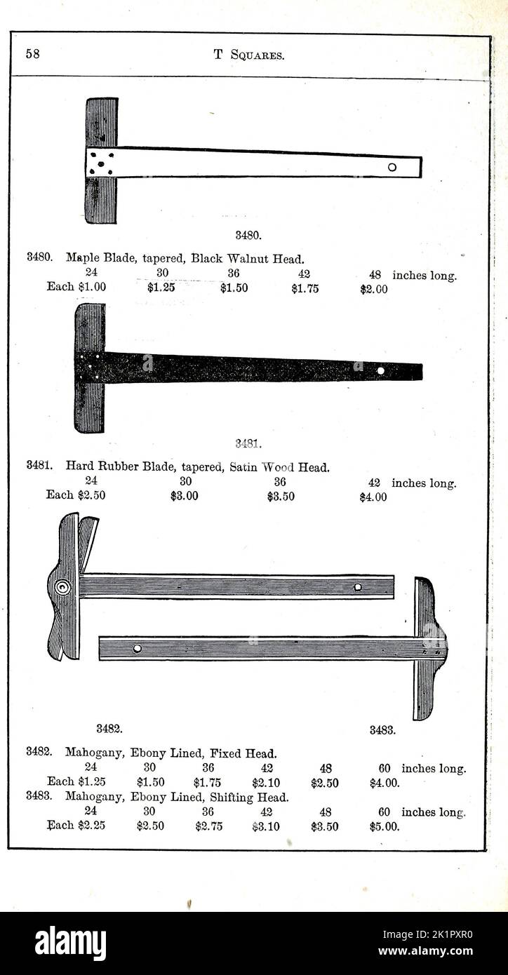 T Squares Catalogue of mathematical instruments, drawing paper, Surveying instruments, Levels, paints and Drawing Material by McAllister, F. W., Baltimore. [from old catalog] Publication Date 1890 Stock Photo