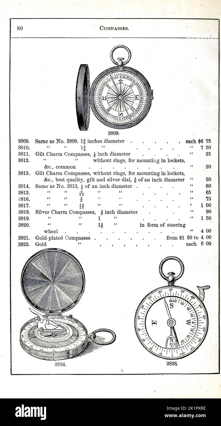 Surveyor Compasses Catalogue of mathematical instruments, drawing paper, Surveying instruments, Levels, paints and Drawing Material by McAllister, F. W., Baltimore. [from old catalog] Publication Date 1890 Stock Photo