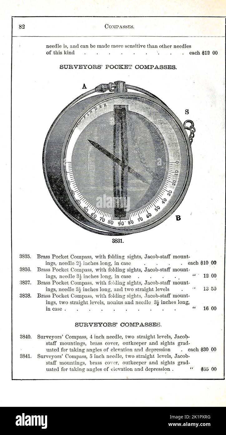 Surveyors' pocket Compasses  Catalogue of mathematical instruments, drawing paper, Surveying instruments, Levels, paints and Drawing Material by McAllister, F. W., Baltimore. [from old catalog] Publication Date 1890 Stock Photo