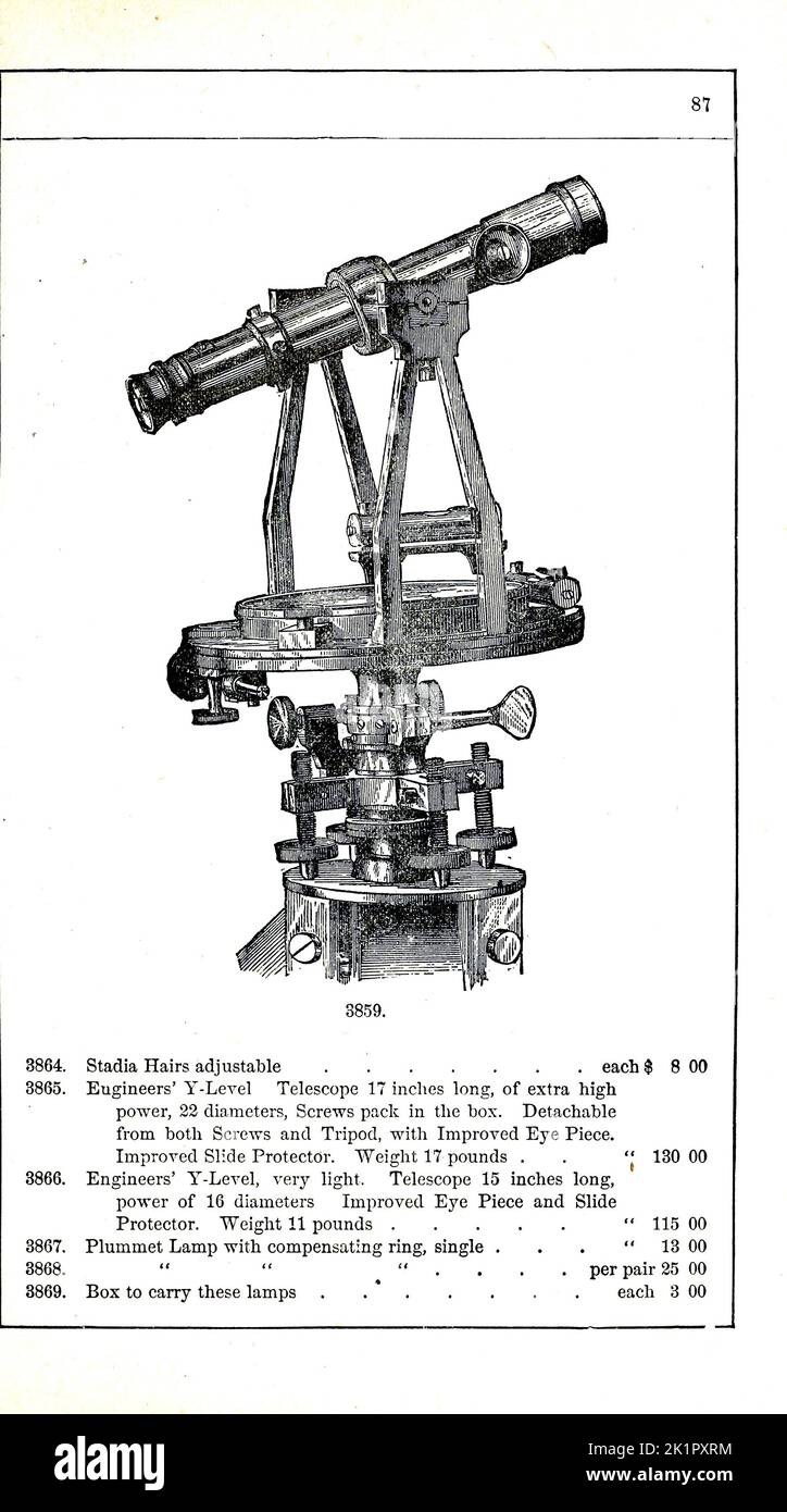 engineers y-level telescope Catalogue of mathematical instruments, drawing paper, Surveying instruments, Levels, paints and Drawing Material by McAllister, F. W., Baltimore. [from old catalog] Publication Date 1890 Stock Photo