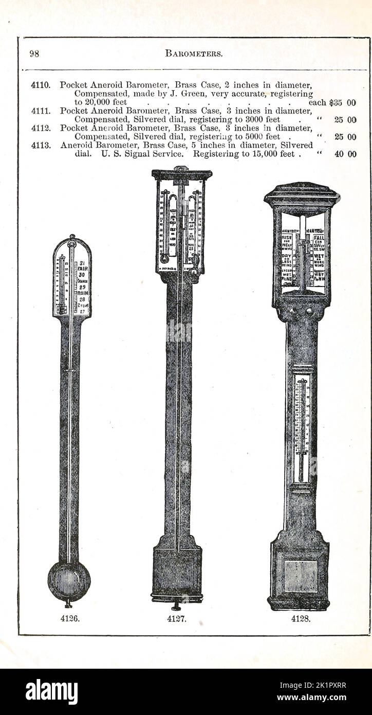 Barometers from a Catalogue of mathematical instruments, drawing paper, Surveying instruments, Levels, paints and Drawing Material by McAllister, F. W., Baltimore. [from old catalog] Publication Date 1890 Stock Photo
